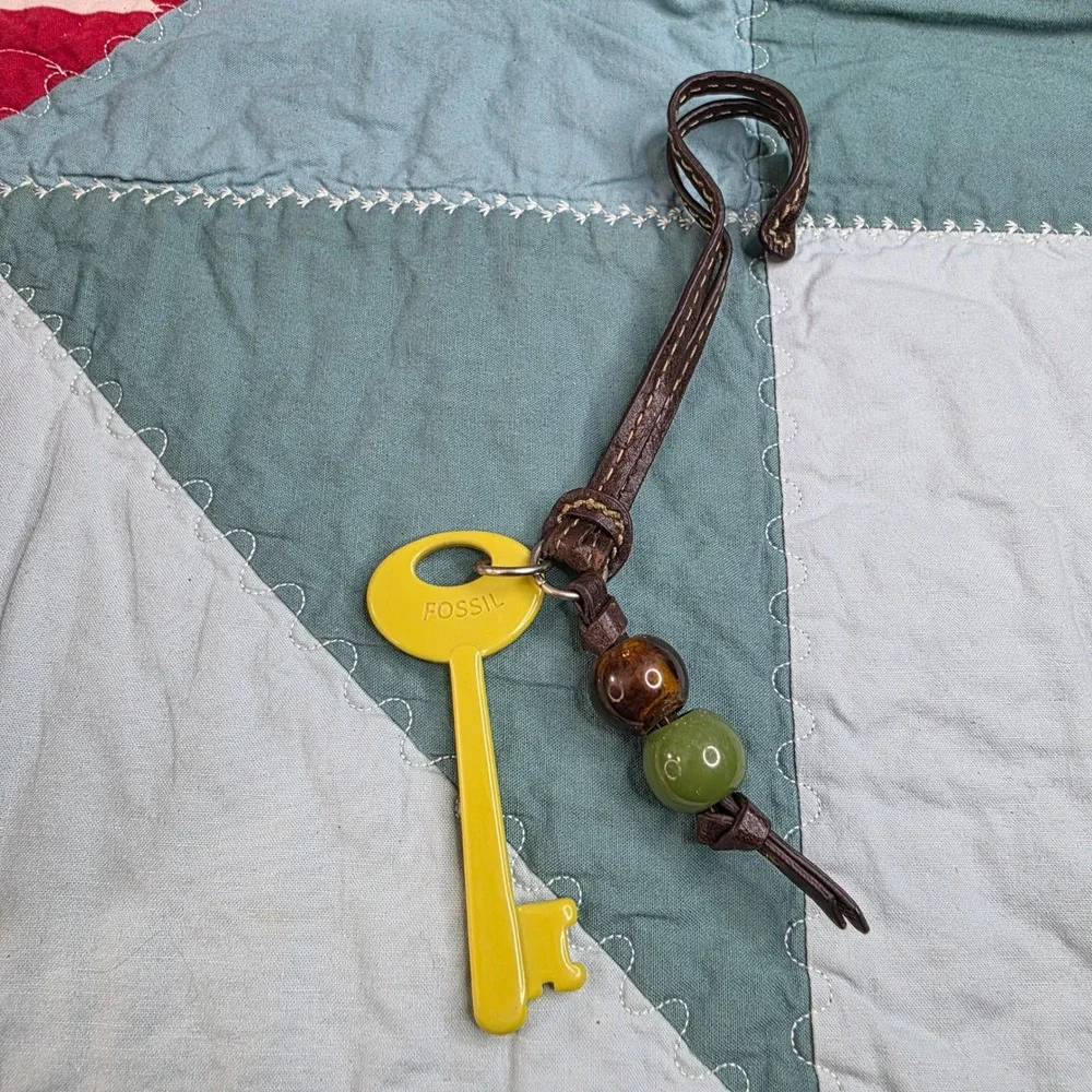 Fossil Yellow Skeleton Key Bag Charm Leather Strap Beaded Fob